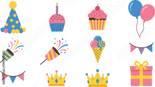 Birthday party celebration icons set with cake balloons cupcake crown gift and festive decoration vector