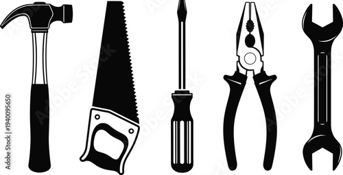 Vector Silhouette Set of Essential Hand Tools Including Hammer Saw Screwdriver Pliers and Wrench for Construction Maintenance Projects