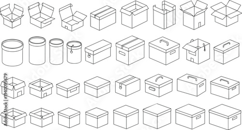 Packaging box line icons collection with cardboard containers storage boxes and shipping package outline vector set