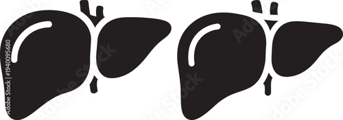 Black Silhouette Icons of Human Liver with Vessels on White Background - Medical Illustration