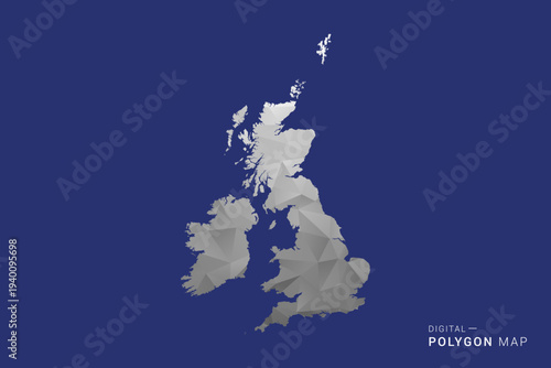United Kingdom Map - Polygon White and Black map Style Vector Illustration, Low Poly Geometric Design, Isolated on blue Background.