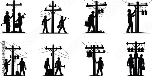 Set of professional linemen silhouettes working on high voltage utility poles and power lines, electrical maintenance and infrastructure repair vector illustration isolated on white.