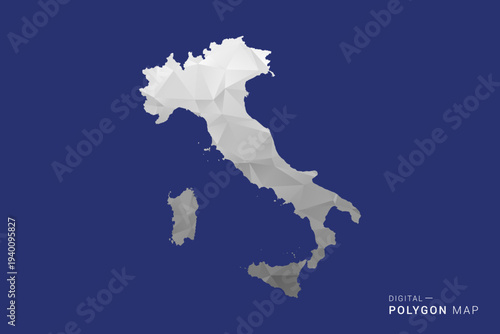 Italy Map - Polygon White and Black map Style Vector Illustration, Low Poly Geometric Design, Isolated on blue Background.