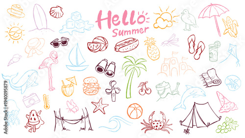 Hand-Drawn Summer Doodles Vector Set: Beach, Travel, and Vacation Icons in Line Art Style