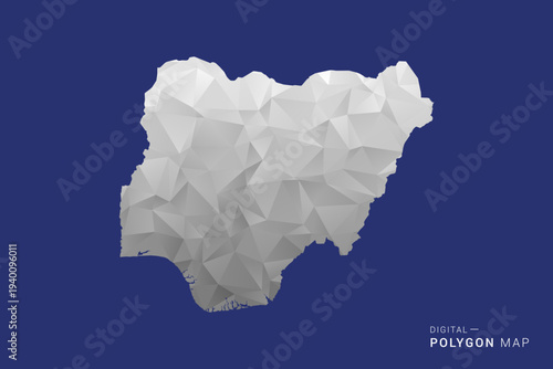 Nigeria Map - Polygon White and Black map Style Vector Illustration, Low Poly Geometric Design, Isolated on blue Background.