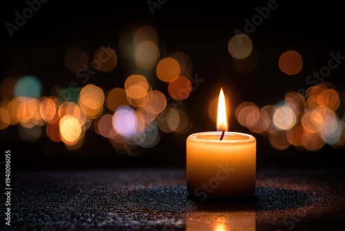 Single Lit Candle with Bokeh Lights in the Background.