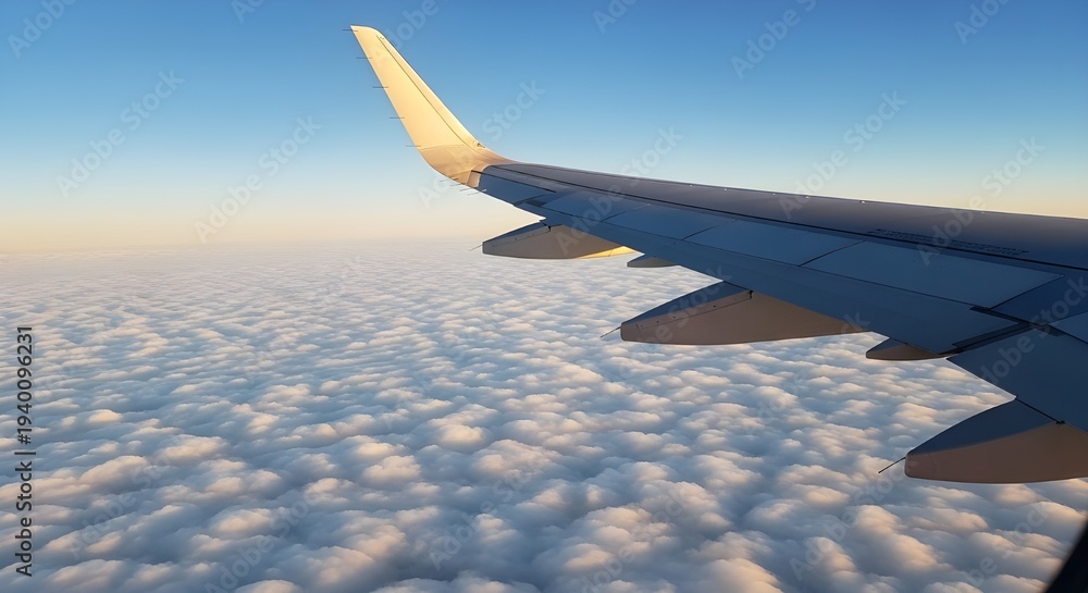 Obraz premium Ala de avión por encima de las nubes. Vista desde la ventana del avión. Concepto de transporte y viajes aéreos.