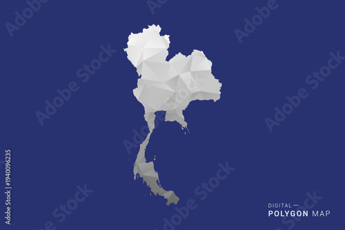 Thailand Map - Polygon White and Black map Style Vector Illustration, Low Poly Geometric Design, Isolated on blue Background.
