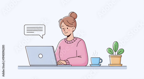 Young Woman Working on Laptop at Desk with Coffee and Plant in Flat Illustration Style