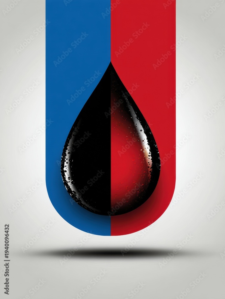 Obraz premium A minimal design presents an oil droplet between two colored fields of red and blue.