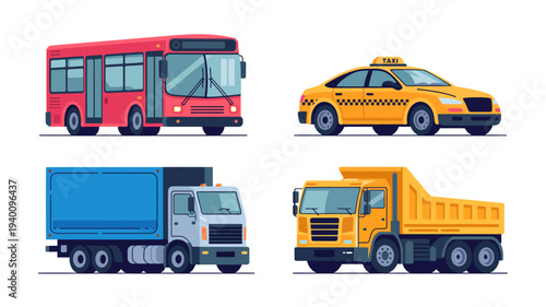 Vector illustration of various vehicles including bus, taxi, truck, and dump truck on a plain background