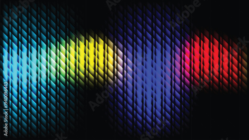 Abstract colorful metallic mesh texture background with glowing cyan yellow blue and red gradient lights on dark surface, futuristic technology digital wallpaper for banner and presentation