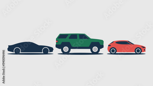 Vector illustration of three cars, a sedan, SUV, and sports car, lined up in a row on a plain background from a straight-on viewpoint