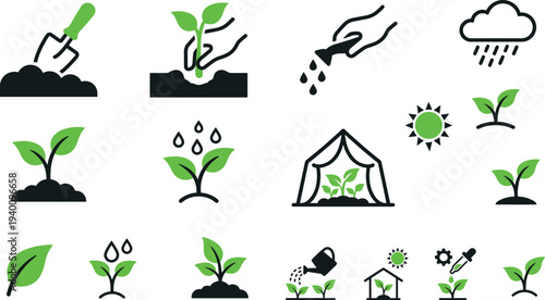 Plant growth gardening and agriculture icon set showing seed planting watering sprout sunlight greenhouse rain soil care eco farming symbols