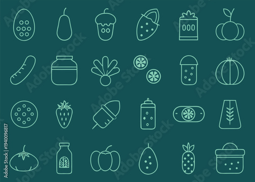 Twenty four glowing neon green line icons of various fruits and vegetables are arranged on a dark green background in a structured grid.