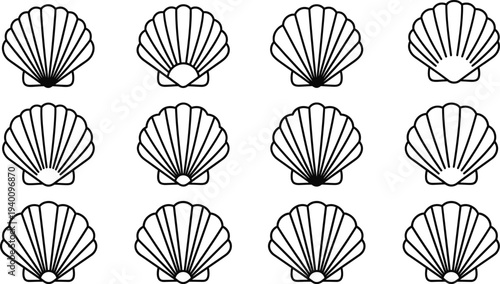 Scallop seashell icon set marine shell outline collection ocean beach nautical symbol sea life vector illustration pack