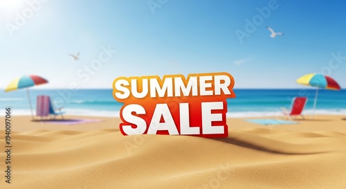 Summer vacation sale relaxing beach getaway with colorful umbrellas and warm sunny weather