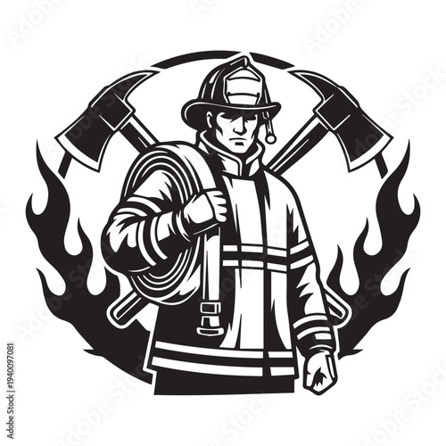Firefighter standing strong with hose and axes amid flames