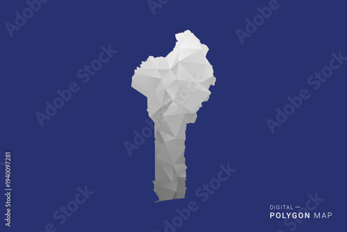 Benin Map - Polygon White and Black map Style Vector Illustration, Low Poly Geometric Design, Isolated on blue Background.