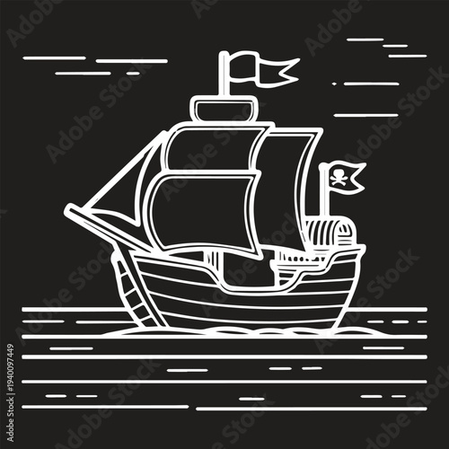 White line art pirate ship sailing on dark background chalkboard style illustration.