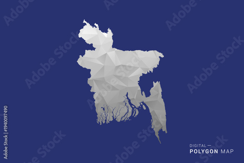 Bangladesh Map - Polygon White and Black map Style Vector Illustration, Low Poly Geometric Design, Isolated on blue Background.