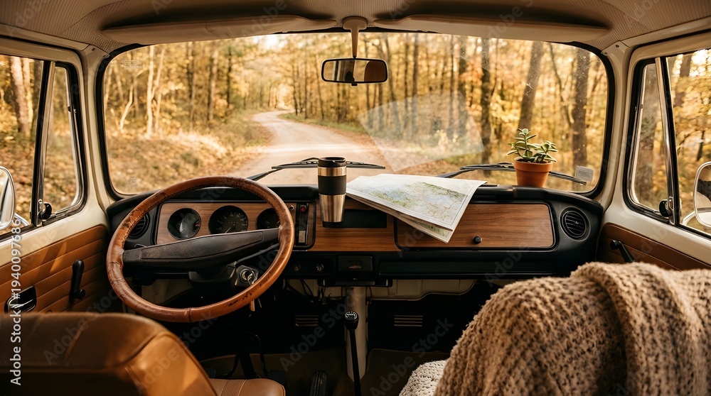 Fototapeta premium Cozy Camper Van Dashboard View Facing Winding Forest Road With Warm Tones And Adventure Lifestyle