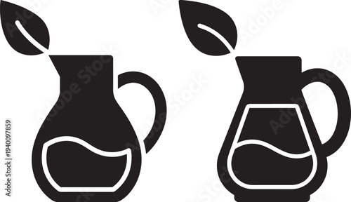 Black Silhouette Icons of Pitcher with Leaves and Liquid - Organic Product