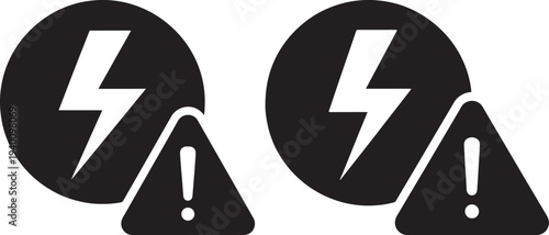 Black Icons of Lightning Bolt and Warning Triangle with Exclamation Mark