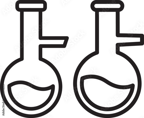 Outline Icons of Laboratory Flasks with Liquid on White Background - Chemistry Science