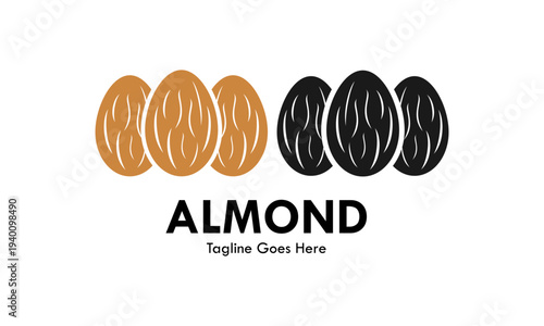 Organic almond nut logo vector illustration. Professional flat design for healthy food brand, snack product, or natural ingredient identity with brown and black color options.