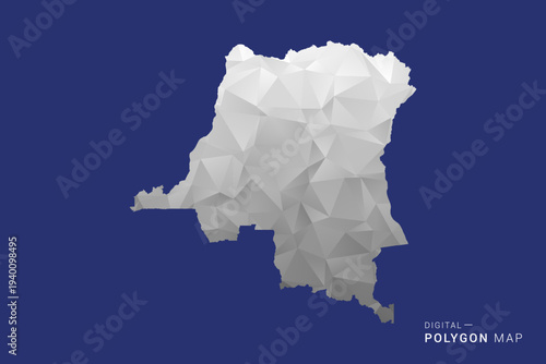 Democratic Republic of the Congo Map - Polygon White and Black map Style Vector Illustration, Low Poly Geometric Design, Isolated on blue Background.