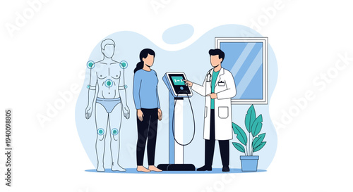 Doctor consulting patient with body composition analysis machine, health checkup