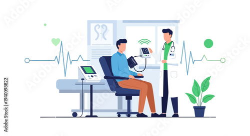 Doctor checks patient's vital signs with modern medical equipment in clinic