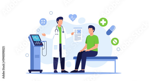 Doctor Consults Patient With Medical Equipment and Health Icons