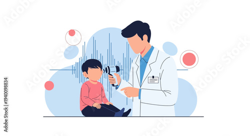 Doctor examines child's ear with otoscope, medical checkup, healthcare concept