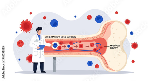 Doctor examining bone marrow and blood cells, illustration of hematopoiesis and immune system