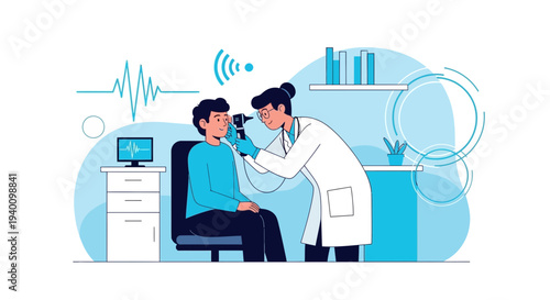 Doctor examines patient's ear with otoscope, modern medical technology and healthcare concept