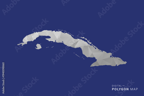 Cuba Map - Polygon White and Black map Style Vector Illustration, Low Poly Geometric Design, Isolated on blue Background.