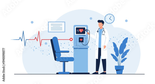 Doctor examining patient with advanced medical equipment and heart monitor
