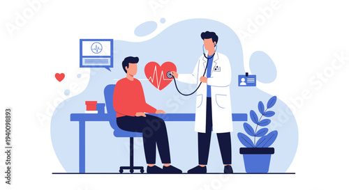 Doctor examining patient's heart with stethoscope, medical check-up, healthcare concept