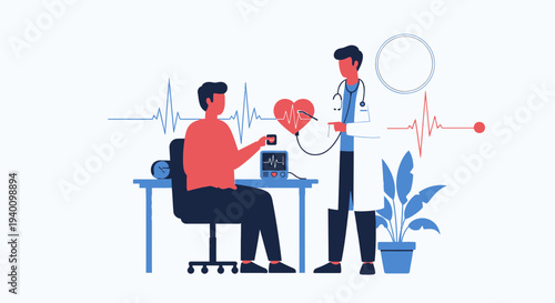 Doctor examining patient's heart with stethoscope, ECG monitor, and heart rate graph