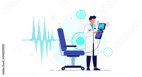 Doctor holding medical device near examination chair with heart rhythm graph