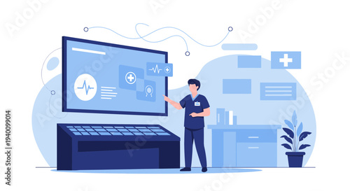 Doctor interacting with futuristic medical interface on large screen, healthcare technology concept