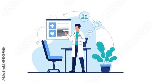 Doctor presenting medical information on a screen in a modern clinic office