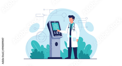 Doctor using biometric scanner for patient identification at medical kiosk