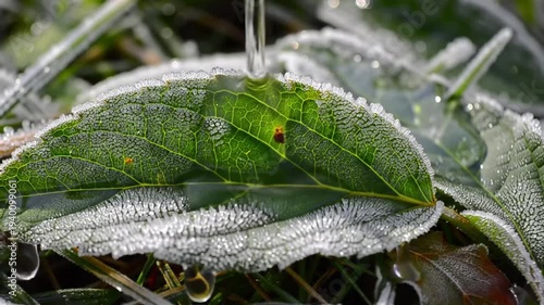 Close up of a green leaf covered in frost and water droplets.