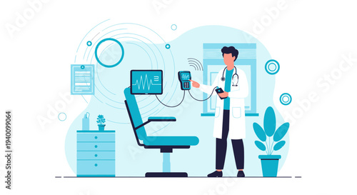 Doctor using futuristic medical technology in clinic examination room