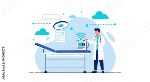 Doctor using futuristic medical technology in modern clinic with examination table