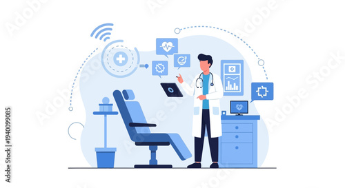 Doctor using tablet in futuristic clinic with digital health icons and patient chair