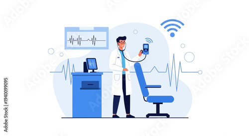 Doctor using smartphone for remote patient monitoring with EKG on screen